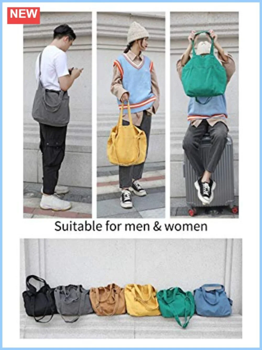 Washed Canvas Tote Bag for Women, Crossbody Shoulder Bag, 3 Pockets
